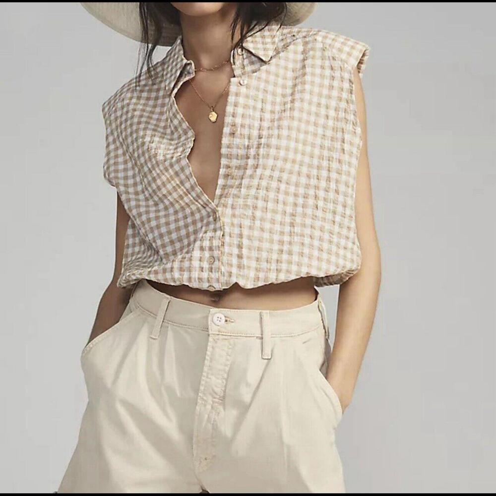 Anthropologie Maeve top womens large L tan white gingham sleeveless boxy tank